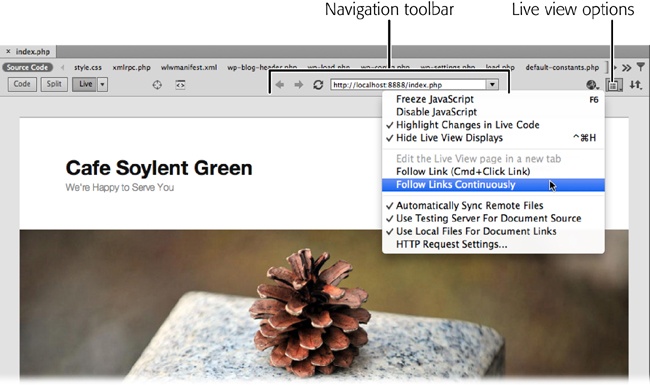 Dreamweaver’s Navigation toolbar acts like the toolbar you see in web browsers. You can refresh a page, go backward or forward through the links you’ve visited, and even type a URL in the address bar. The toolbar appears only in Live view, and it’s most useful when you work with server-side pages.