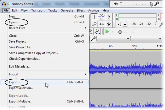 Most audio programs, like Audacity (shown here), are complex and take a while to learn thoroughly. But if you just want to convert an audio file from one format to another, that’s easy. You do most of your work in Audacity’s File menu, where you open the sound file and then export it in a new format.