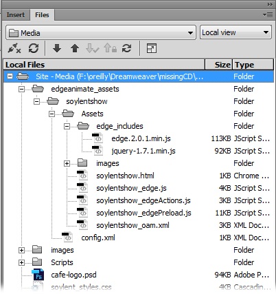 When you use the Insert panel to add an Edge animation to your page, you identify a single, compressed “project” file (one with the .oam extension) that includes all the files the animation requires. Dreamweaver unpacks the file, putting the contents in an edgeanimate_assets folder on your website. You’ll find files and folders like the ones shown here inside that file. They include JavaScript, jQuery, and HTML files, as well as any other resources the project needs, such as the .jpg files used in this slideshow.