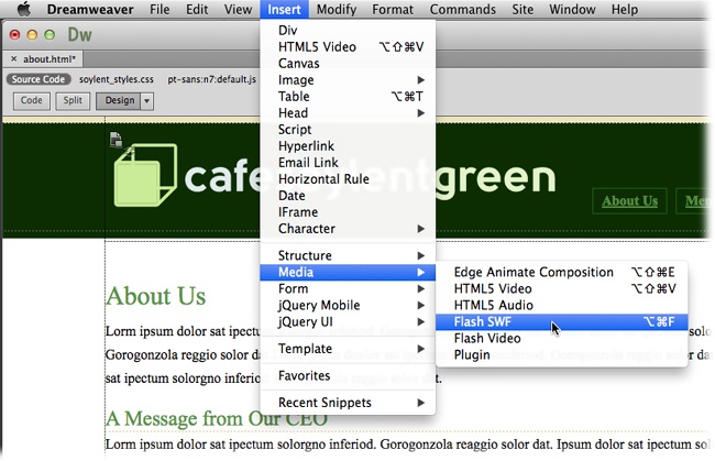 You can use either the Insert menu (pictured) or the Insert panel to add media to your web page. When you use the Insert menu, go to Insert→Media→Flash SWF to add a Flash animation; go to Insert→Media→Flash Video to add a video and playback controls (see ).