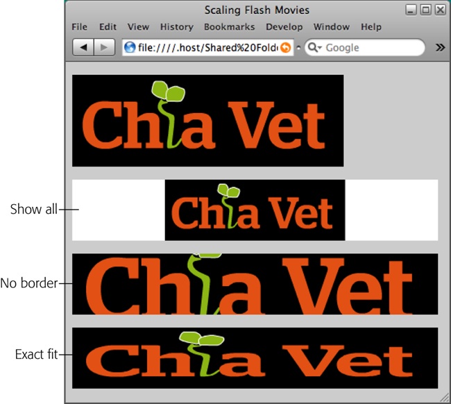 This browser window shows the results of choosing different settings in the Properties panel’s Scale menu. A Flash animation’s Scale property specifies how an animation resizes when you set its Width and Height properties to something different from the original. If you resize an animation, press F12 (Option-F12) to see how it looks in a web browser, and then, if necessary, choose a different setting from the Scale drop-down menu.