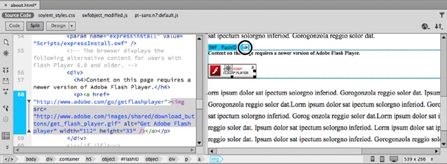 Here’s the message a web browser displays if a visitor doesn’t have the Flash player installed, has an old version of it, or is viewing the page on a device that doesn’t support Flash (like an iPhone or an iPad). You can customize the message, but it’s a good idea to leave the Flash player icon in place—it includes a link to Adobe.com, where your visitor can download the player.