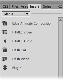 Use the Media category of the Insert panel to add HTML5 audio, HTML5 video, and Edge Animate compositions to your web pages. If you prefer menus, you’ll find the same commands at Insert→Media.