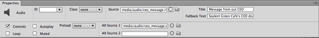 Your audio clip works as soon as you select a source file. You can test it in Live view or in a browser. It’s a good idea to add a title and fallback text. The audio controls () seldom need additional formatting, but when they do, apply an ID or class to the clip using the Properties panel, and then develop the CSS to format the element in CSS Designer.