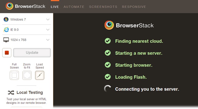 After you choose an operating system and browser, BrowserStack creates a virtual machine on its computers. It takes time for BrowserStack to run the necessary software, so you see this progress report in the interim. Once BrowserStack previews your page, you can use the controls on the right to test another operating system, browser, or screen size.