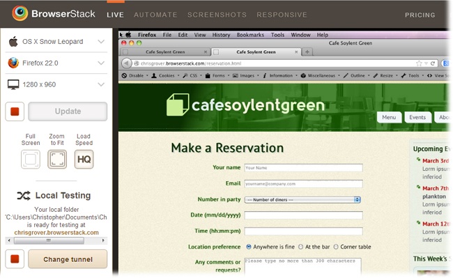 BrowserStack lets you test this page by creating a connection between its computer and yours, and then displaying the page on your monitor. Here, the Mac Snow Leopard operating system and Firefox browser (version 22) display a page as it will appear on a 1280 x 960-pixel screen.