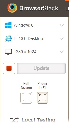 The controls on the left side of the BrowserStack page let you change the operating system, browser, and screen size combination on the fly. Choose your options from the top three menus. The square red button stops the virtual machine (handy if you’re trying to squeeze every second out of your 30 minutes of free testing time). Click Update to display the page using the new settings.