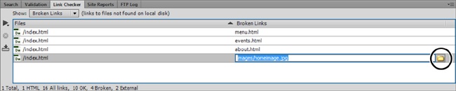 In addition to checking internal links, the Check Links Sitewide command generates a list of all external links and orphan files (files with no links to them). To see these details, use the Show menu. If you wish, click the Save button (the hard drive with a down arrow) to store all this information in a tab-delimited text file. You can fix a broken internal link directly inside this panel using the “Browse for File” button (circled).