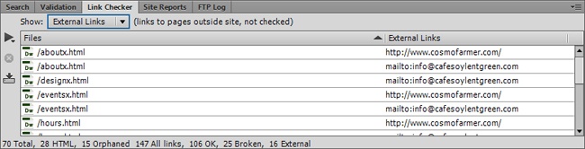 Although Dreamweaver can’t check external links, you can use this window to change the URL of one.