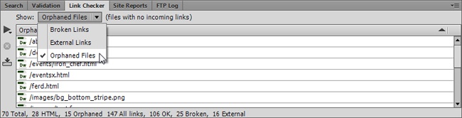 Identify (and delete) unused files with Dreamweaver’s Orphaned Files option in the Link Checker panel. This panel can also list external links and broken links; use the Show menu to choose a view.