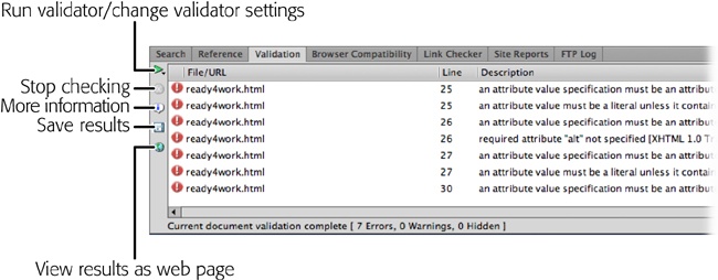 The Validation panel lets you check your web pages against various W3C standards. Double-clicking an error in the list opens a box with additional details, which produces the same result as selecting an error and then clicking “More information.”