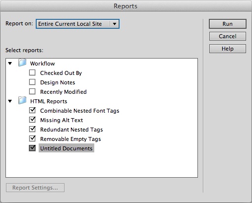 Dreamweaver’s Site Reports feature makes quick work of finding common page errors. You won’t use all these options, but at the very least, make sure you check for missing Alt text () and any untitled documents before you put a new website up on the Internet.