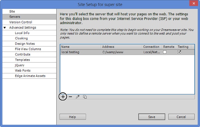 Dreamweaver lets you add more than one server to a site via the Add New Server button (circled), crucial if you’re building a dynamic site. Dynamic sites, just like static websites, need a regular old web server on the Internet to serve up finished pages, and you have to tell Dreamweaver how to connect to it via FTP (discussed in ). In addition, dynamic sites need a testing server, and you have to give Dreamweaver the connection details for that as well.