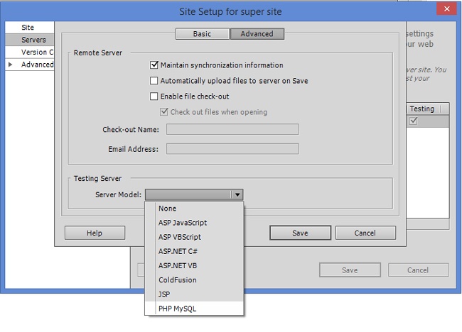 The Advanced server settings in the Site Setup window let you choose options related to your live web server (they’re listed under “Remote Server”), and pick the server model you’ll use when you build web pages. These options come into play only when you build a new, blank web page—Dreamweaver creates a file with the correct file extension (.aspx or .jsp, for example), but that’s about it.