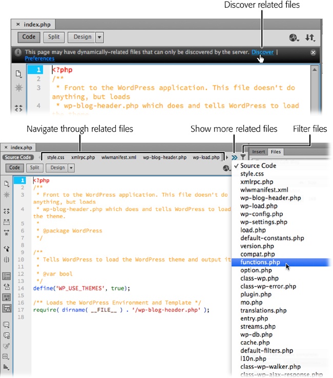 With PHP pages, you find all related PHP files by clicking the Discover link (top). You can then work on a related file by clicking its name in the Related Files toolbar or, if there are a lot of files, by clicking the “Show more related files” button (bottom).