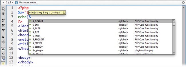 Dreamweaver is pretty unforgiving of syntax errors (typos or missing punctuation) in PHP code. Most of the time, you start typing PHP code and Dreamweaver displays a yellow alert with the words “There is a syntax error” in the info bar at the top of the code window. A red mark appears on the line number at the point it thinks you made an error. Don’t worry, this happens a lot as you program; the important thing is that, once you finish, there are no syntax error messages left. If there are, you probably left off a closing), }, ‘, or “.