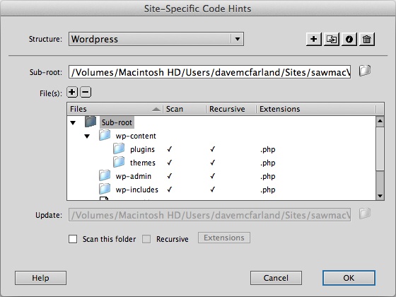 To add to Dreamweaver’s code hint feature the function names, class names, and variable names you use in your site’s PHP, choose Site→Site-Specific Code Hints and then tell Dreamweaver which files and folders to scan.