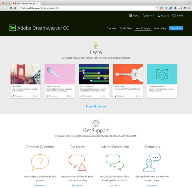 Dreamweaver’s support center links to many of the same tutorials and help pages you find elsewhere on the site. However, this is the place to go if you ever need to contact someone at Adobe. Click the Contact Us link at the bottom right of the page.