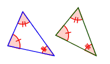 Two similar triangles. Corresponding angles of each triangle are marked as congruent.