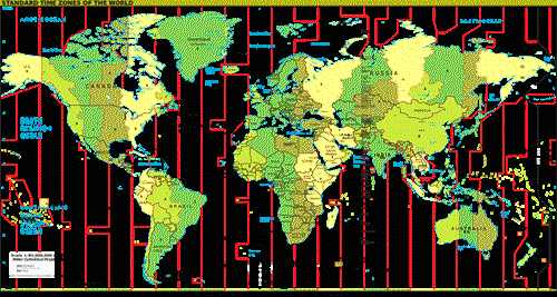 A map of the world divided into time zones.