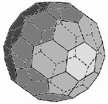 A multi-colored icosahedron - a polyhedron with pentagonal and hexagonal faces.