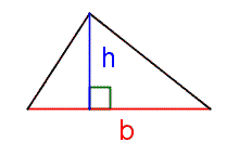 A triangle. The base of the triangle is labeled 'b'. An altitude of the triangle is drawn with the foot of the altitude on the base. The altitude is labeled 'h'.