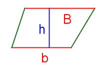 A trapezoid. The top is labeled 'B'. The bottom is labeled 'b'. A segment goes from the top to the bottom that is perpendicular to the bottom. This segment is labeled 'h'.