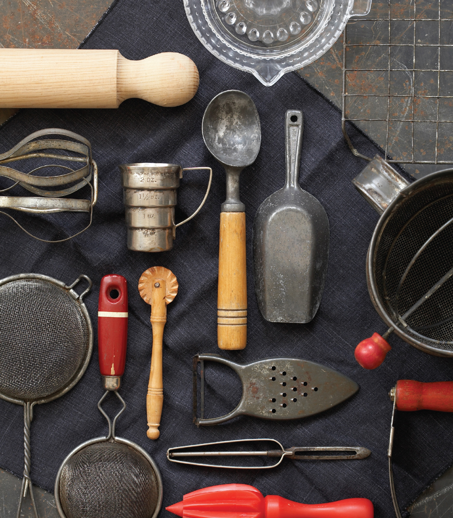 Assorted antique-looking kitchen tools