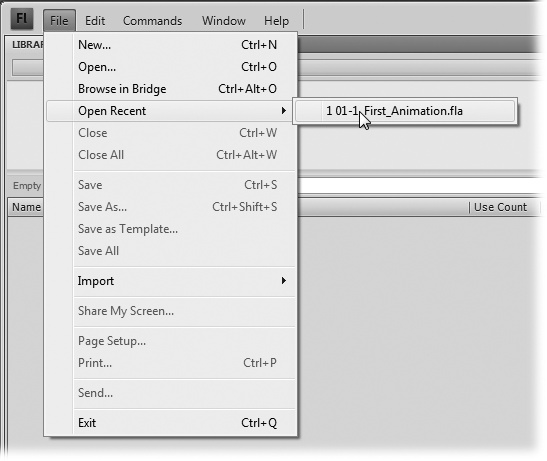 Several of the options on each menu include keystroke shortcuts that let you perform an action without having to mouse all the way up to the menu. For example, instead of selecting File→Save As, you can press Ctrl+Shift+S to tell Flash to save your Flash document. On the Mac, the keystroke is Shift-⌘-S.