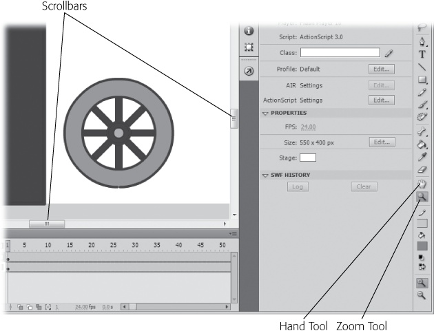 Choose the Zoom tool and then click on the stage to zoom in on your Flash document. Hold the Alt (Option) key down to zoom out. Once you're zoomed in, you can move around using either the scrollbars or the Hand tool (H).