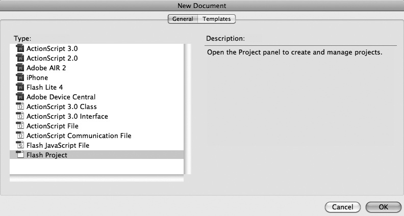 In every case but one (Flash Project), selecting a document type and then clicking OK tells Flash to create a crisp, new document for you. (Flash projects are really nothing more than lists of other files with version control added so that multiple designers can work on the same Flash project without overwriting one another's changes.)