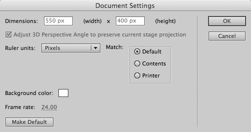 You use the Document Settings window to set the size and color of your stage (which will also be the size and background color of your finished animation). When you type the dimensions, you can type out the units of measurement (px, or even pixels, for example). But it's not necessary: The value in the Ruler units menu tells Flash which unit of measurement you're using.