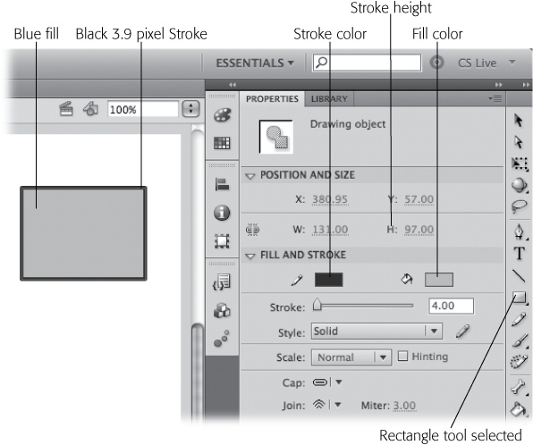 Shown here, in lovely black and white, is a rectangle with a black stroke and a blue fill. Note the Rectangle tool selected in the Tools panel and the Rectangle properties displayed in the Properties panel.