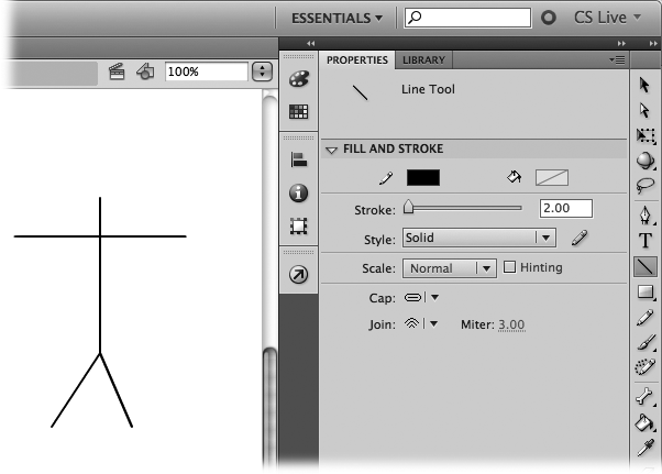 The Line tool is the easiest, quickest way to create straight lines in Flash (like the four straight lines you see here). If you'd like to customize the way your lines look, head to the Properties panel. There you find options that let you make a line thicker, change it to a different color—even turn it into a dashed or dotted line, instead of a plain solid line. (If you don't see the Properties panel, choose Window→Properties to display it.)