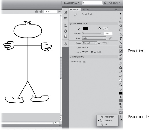 Don't be surprised if your results look a bit shakier than you might expect. If you've got an extra hundred bucks lying around, you can buy a graphics tablet (see the box on the next page) to make drawing in Flash a bit easier, but most people start out using a computer mouse to draw—and it's a lot harder than it looks. Fortunately, Flash has Pencil options you can use to help you control your drawing results.