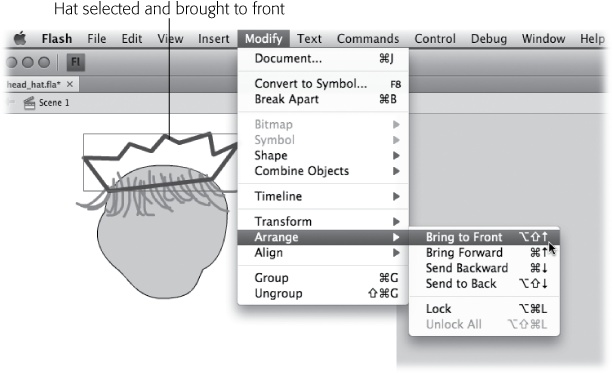 Use the Modify→Arrange commands to position parts of your drawing in front of or behind other objects. Here the hat is brought to the front so that it partially covers the head and the hair. You can find a copy of this 02-3_Arrange_Objects.fla on the Missing CD page (www.missingmanuals.com/cds).