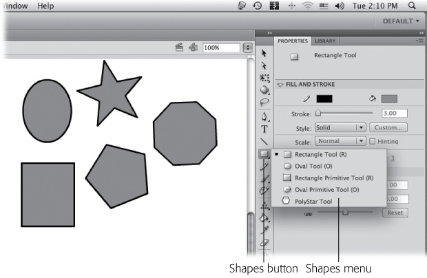 The Oval, Rectangle, and PolyStar tools are all tucked under the same button on the Tools panel. The icon and related tooltip for the last-used shape appear on the button. The small triangle in the lower-right corner of the button is your clue that there are more options. To see the other shape options, click and hold down the button. A small menu appears showing all the options.