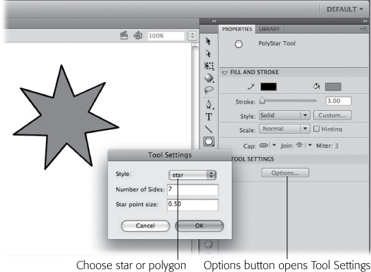 One of the shape tools is called PolyStar because it creates polygons and stars. After choosing PolyStar on the Tools panel, click the Options button in the Properties panel. Then, in the Tool Settings box, choose either "polygon" or "star" from the drop-down menu.