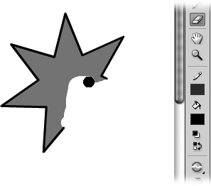 Here the Eraser tool is rubbing out the PolyStar shape. Erasing in Flash isn't useful just for fixing mistakes; you can create cool effects (like patterns) by erasing, too. If you happen to start erasing the wrong thing, no problem; just press Ctrl+Z (⌘-Z).