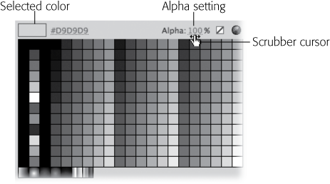 Clicking the Stroke Color icon displays the color picker. All of Flash's color pickers work the same. Here, you can change not just the hue, but also the transparency of the color. To do so, click the number in the Alpha box and type in a new percentage or drag right or left to "scrub" in a new value. Numbers from 0%, (completely transparent) to 100% (completely opaque) are valid.