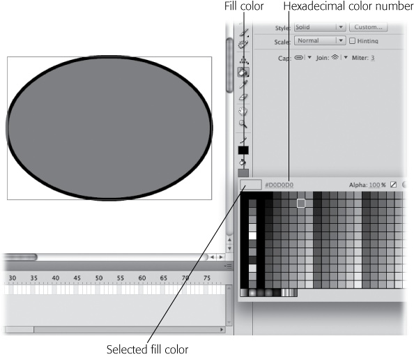 Click the Fill Color icon to choose a new color for your fills. As you move your cursor around the color picker, you notice that the Preview window displays the color your cursor happens to be over at any given time.