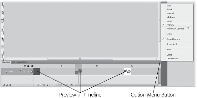 Click the Option menu button to see the menu shown here. Use the Tiny through Large options to change the timeline's frame size. Use the Preview options to display thumbnail images in the keyframes, as shown here.