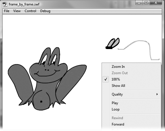 The first time you run your animation in Flash Player, Flash assumes that you want to run it over and over (and over and over). Fortunately, you can rid Flash of this annoying assumption. Right-click (Control-click) your animation, and then click Loop to remove the checkmark. Other useful options include stopping your animation, rewinding it, and even stepping through it frame by frame. Chapter 19 covers animation testing in depth.