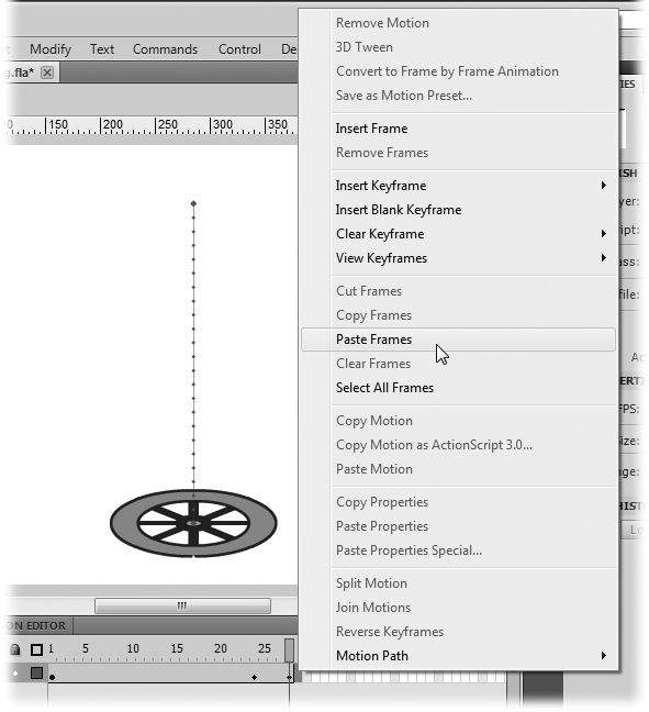 After you've copied frames from the timeline, you can right-click any frame in the timeline to paste those frames to a new location. Here, the first frame after the motion tween was right-clicked. The Paste Frames command is near the center of a lengthy shortcut menu.