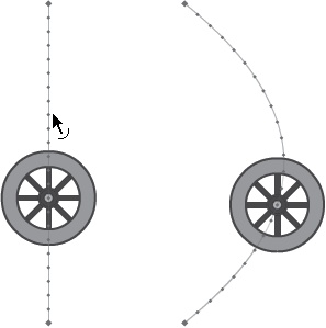 Left: Move the Selection cursor near a motion path, and you see the curve icon appear.Right: Click and drag to create a curved path.