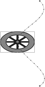 Moving the tweened symbol (in this case the wheel) at any point along the motion path creates a new property keyframe that stores the X and Y position values. This double curve is formed by three property keyframes—one at each end of the path and one in the middle.