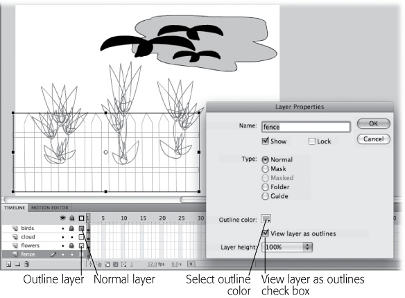 Depending on the visual effect you're going for, you might want to align the centers of your flowers with the crosspieces of your fence. But when you look at the content normally, it's hard to see the alignment, because both your flowers and your fence are opaque. Here, Flash displays the flowers and fence layers in outline form so you can concentrate on shape and placement without being distracted by extraneous details.