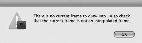 If you try to draw on the stage when you've selected a folder instead of a layer, Flash lets you know in no uncertain terms. (An interpolated frame is a tweened frame; as you learned in Chapter 3, you can't place images in a tweened frame, either.)