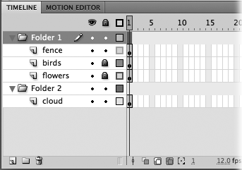 Newly created layer folders appear expanded, like Folder 1 here (note the down arrow). Clicking the down arrow collapses the folder and changes the down arrow to a right arrow. When you drag layers into an open folder (or expand a collapsed folder), the layers appear beneath the folder. You rename a layer folder the same way you rename a layer: by double-clicking the existing name and then typing in one of your own. You can move layer folders around the same way you move layers around, too: by dragging.