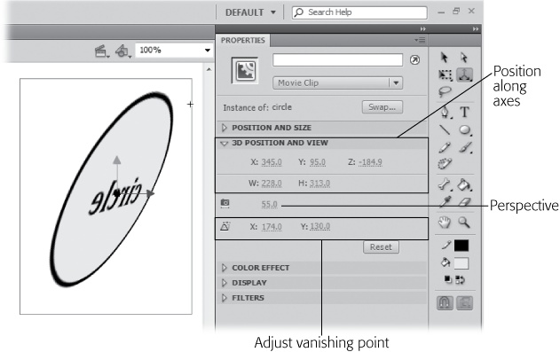 Use the 3D Position and View panel to dial in numbers for the perfect 3-D view. You can adjust the position, the perspective, and the vanishing point for objects on the stage.